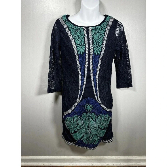 Ranna Gill Anthropologie Embroidered Floral Lace Boho Blue Midi Dress - Picture 1 of 9